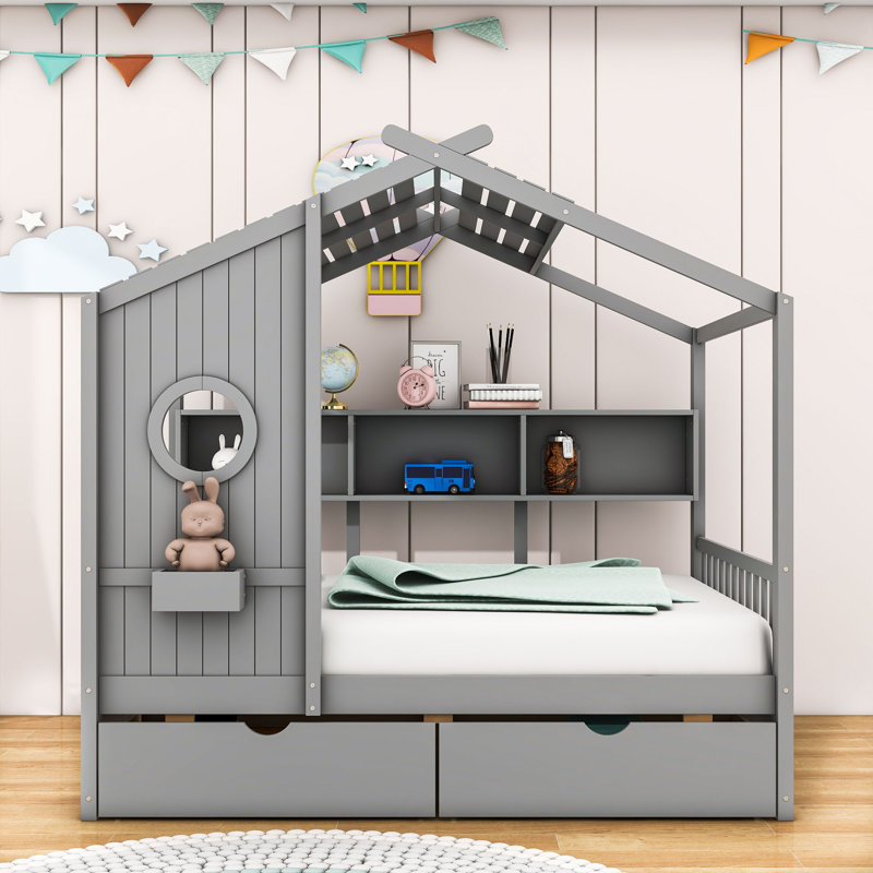 Alakai 2 Drawers Wood Platform Bed with Shelves, Full, Gray