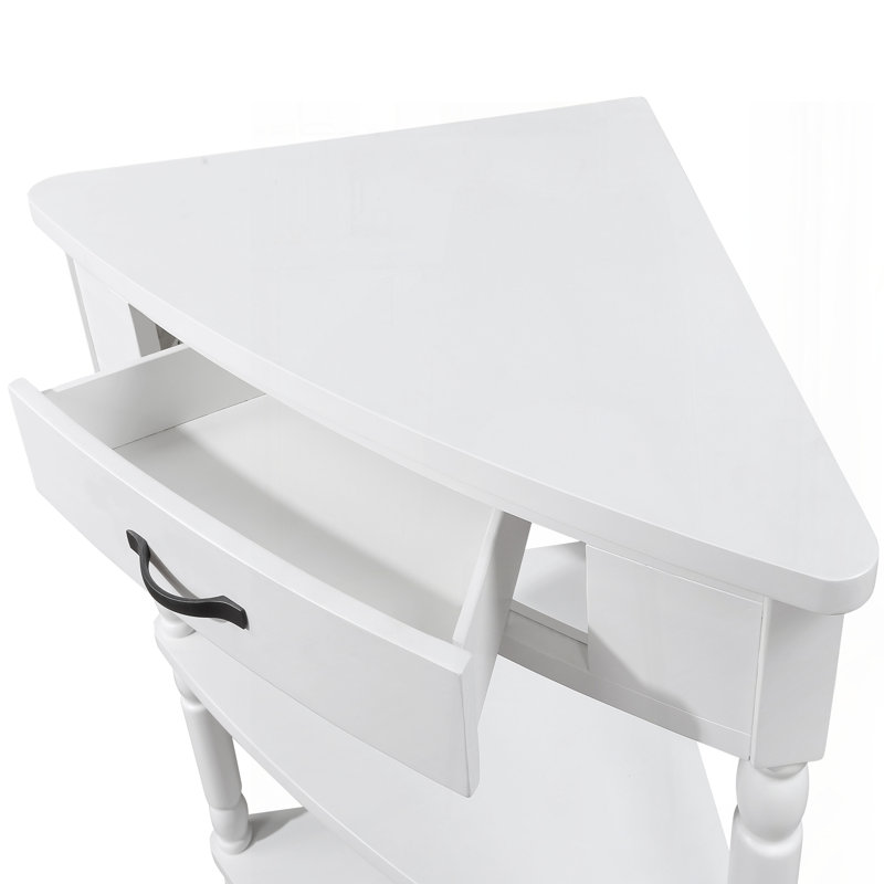 33.8'' Small Triangle Corner Table, Wood Corner Side Table For Small Spaces/ Living Room, 3 Tier End Corner Table With Solid Wood Legs, Milk White