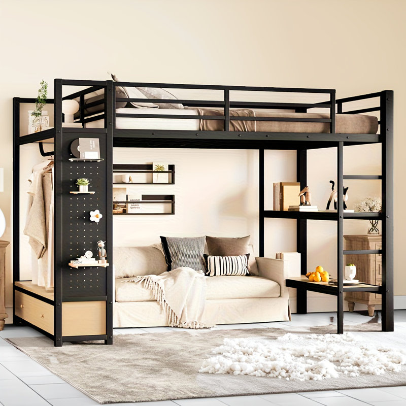 Lit mezzanine double Andover Mills avec garde-robe, tablettes et panneau perforé, cadre de lit superposé en métal noir avec rangement intégré