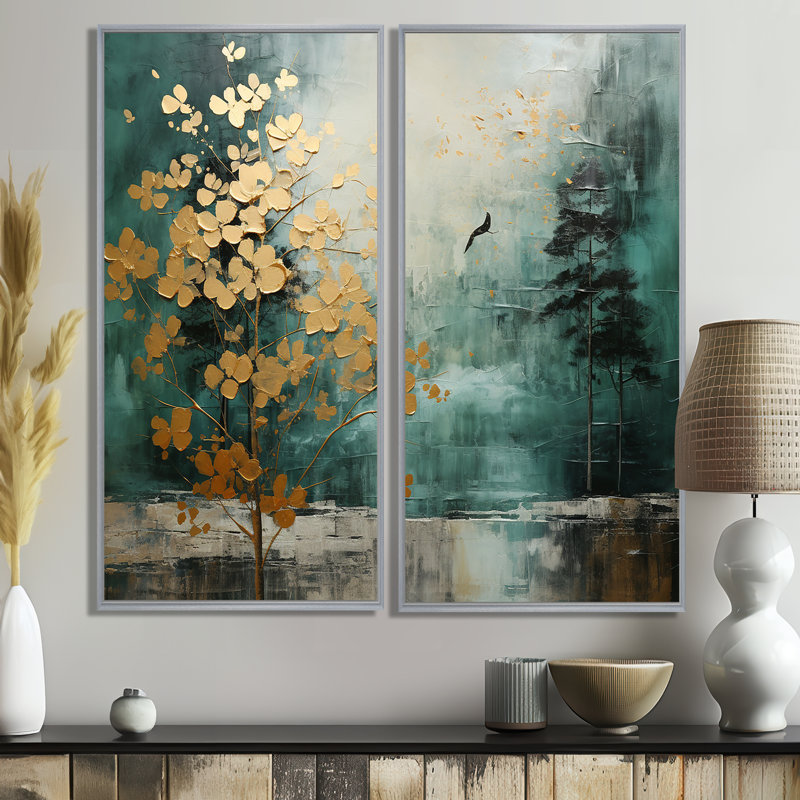 «Golden Emerald Forest», art mural sur toile à spirales abstraites, 32" H x 32" W, Impression encadrée flottante, Silver
