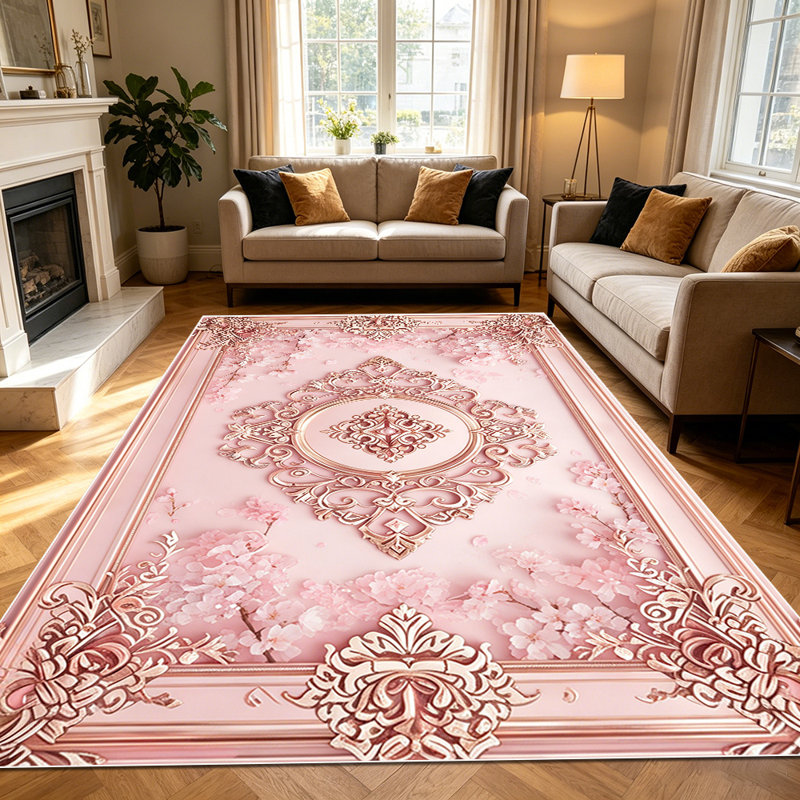 1PC Rose Gold Pink Baroque Embossed Floral area rugs for Living Room, Soft and Comfortable, Suitable for all seasons, easy-to-maintain, machine washable Indoor floor mat, Under Table Farmhouse suitable for dining area, bedroom, entryway, kitchen,