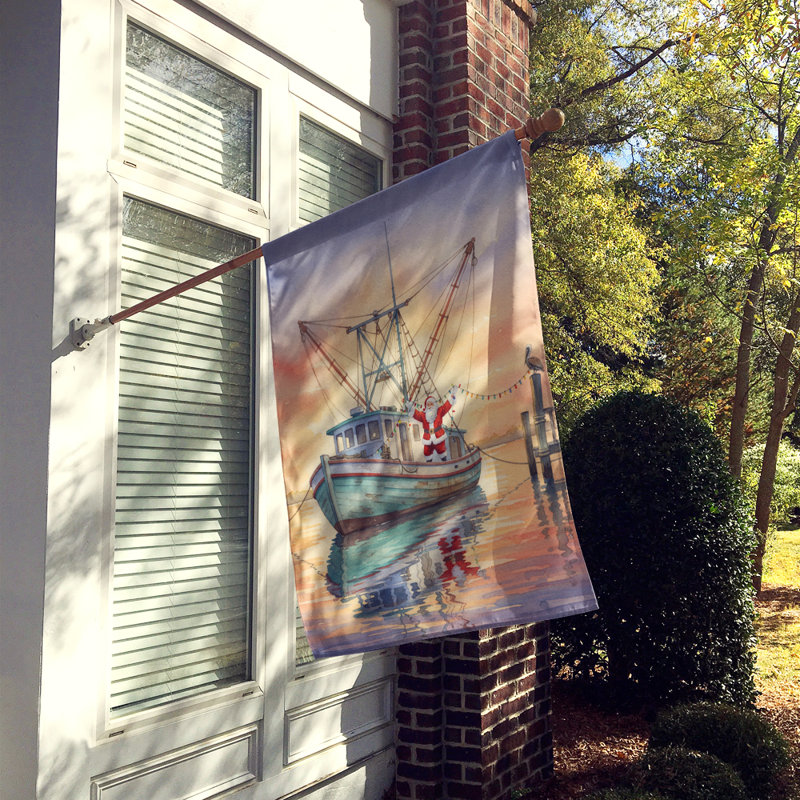 Cajun, père Noël, décorant un bateau de crevettes, drapeau de la maison de Noël, House Size