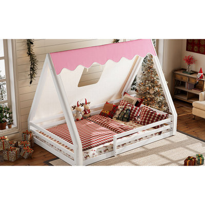 Full Size Floor Bed With White+pink Teepee, Solid Wood, And Guardrails For Play House Tent, Wood Construction,