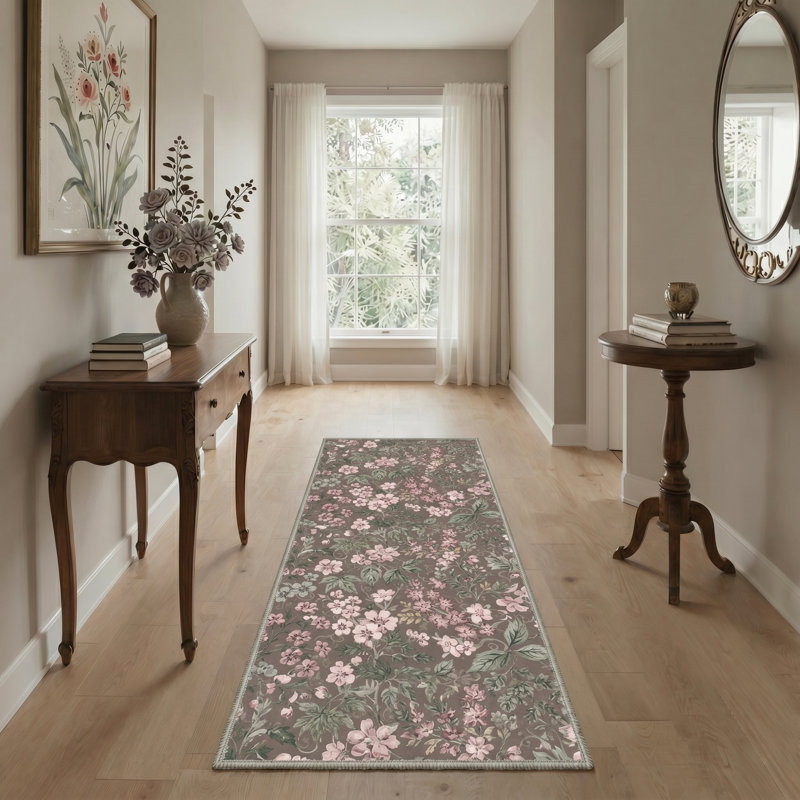 Tapis rosé / brun / vert Aura, Brown/Ash Rose/Green, Tapis de couloir 2 pi 6 po x 8 pi
