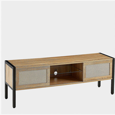 Meuble télé de 54,33 po avec bande lumineuse changeant de couleur, double rangement coulissant, tablettes réglables, pieds en métal, meuble télé de salon, couleur naturelle