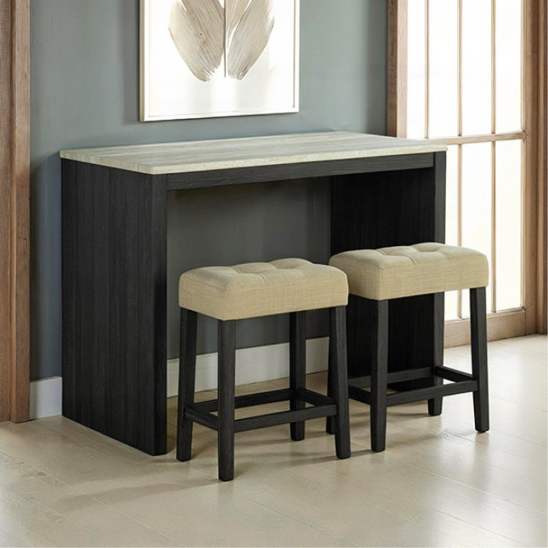 Ensemble de table de salle à manger bicolore à 2 tons avec tabourets et coussins de siège capitonnés beige 3 pièces