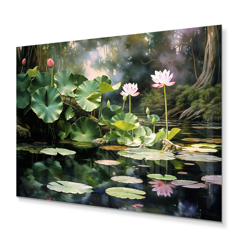 Étangs de lotus verts et roses - impression florale sur métal, H 30 po x l 40 po x P 1 po