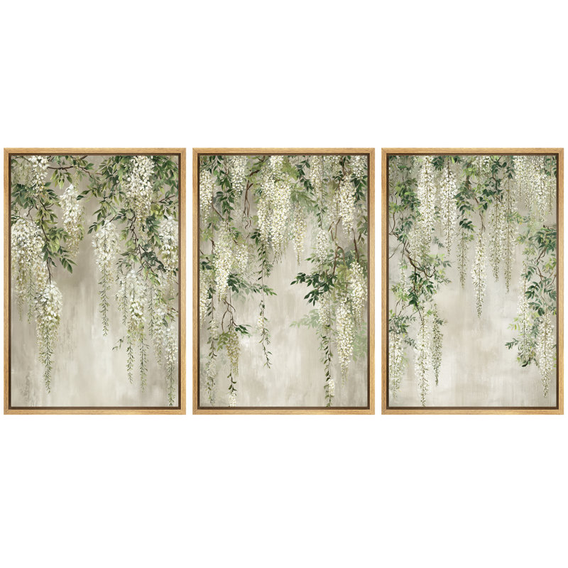 Élégante œuvre florale de glycine blanche, photos de chambre inspirées de la nature, impression sur toile encadrée, 3 pièces