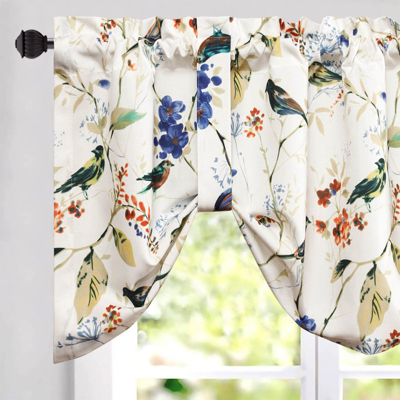 One Panel 18 Inch Long Window Curtain Valance, Birds Blue