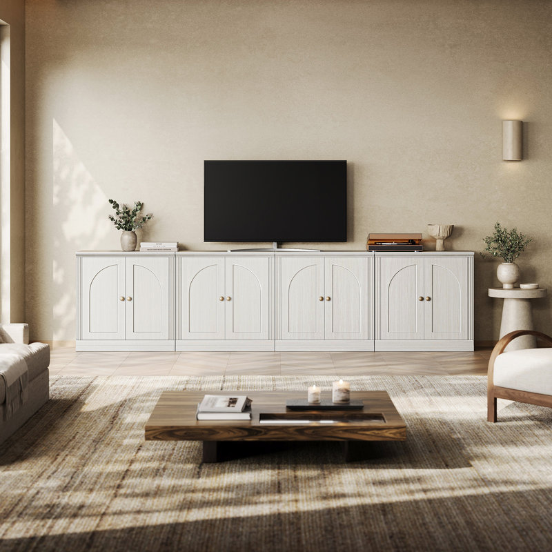 Buffet modulaire moderne Monos avec portes cintrées et placards bas, blanc, Blanc