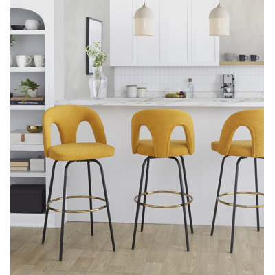Fixed-Height Barstool With Swivel In Black Metal And Yellow Fabric With Round Gold Metal Footrest - Set Of 2