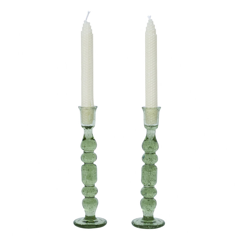 Basil Green Mouth-Blown Glass Hurricane Candlestick Set