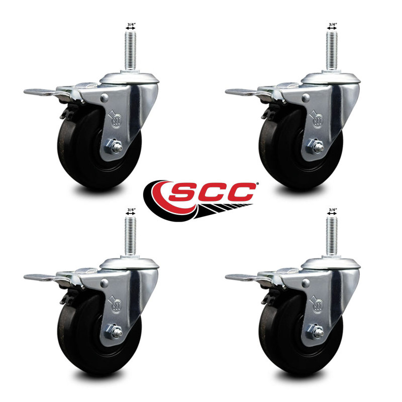 Ensemble de roulettes à tige filetée pivotante 4 po 3/4 po avec frein Total Lock