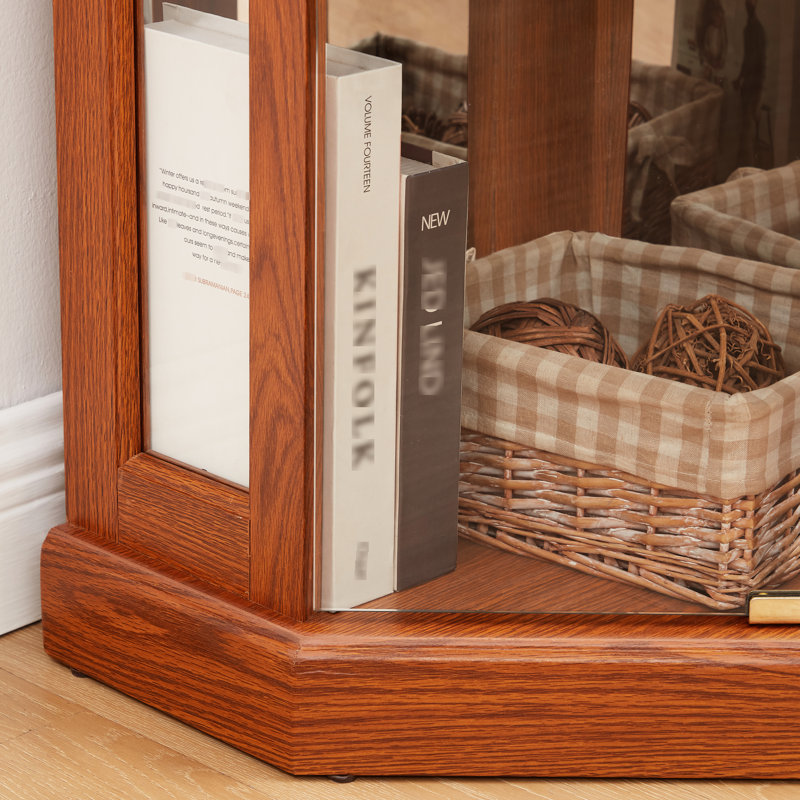 Lighted Dark Oak Corner Curio, Two - Section Design, Adjustable Shelving, Mirrored Back, For Cherry Or Inspired Spaces Storage Cabinet With , Exquisite Glass Pane Doors, Ideal Collectible And Wine