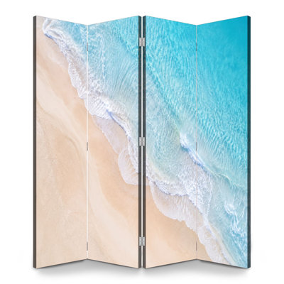 4 Panels Folding Screen Room Divider Royal Ocean Waves Washing Sandy Beach Clear Turquoise Water Canvas Screen Room Separator Freestanding Protective Wall Divider Privacy Partition for Bathroom