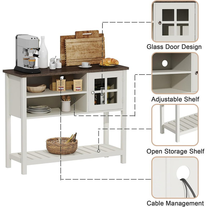 Armoire à café avec rangement, armoire buffet avec porte vitrée, console pour la cuisine, couloir, entrée, blanc
