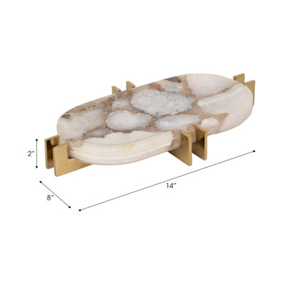 14" Komi Agate Oval Tray, White and Gold