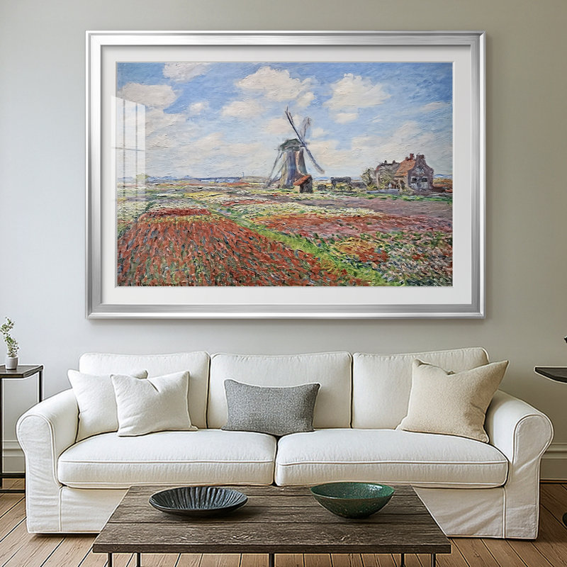 Tulip Fields with the Rijnsburg Windmill-Claude Monet - reproduction d'art encadrée avec passe-partout et verre - 1886