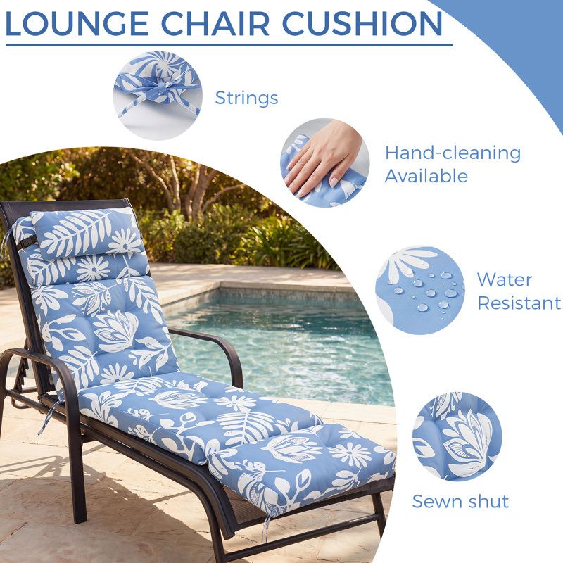 Outdoor 5'' Chaise Lounge Seat Back Cushion with Headrest and Ties, Blue Floral