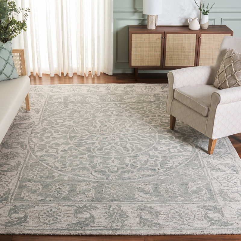 Lounette Hand Tufted Wool Cotton Floral Rug in Light Blue/Beige, Rectangle 8' x 10'