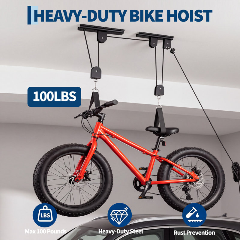 Bicycle Hoist 1-Pack, Garage Storage Bike Lift 100lb, Rubber Coated Hooks, Safe Lock
