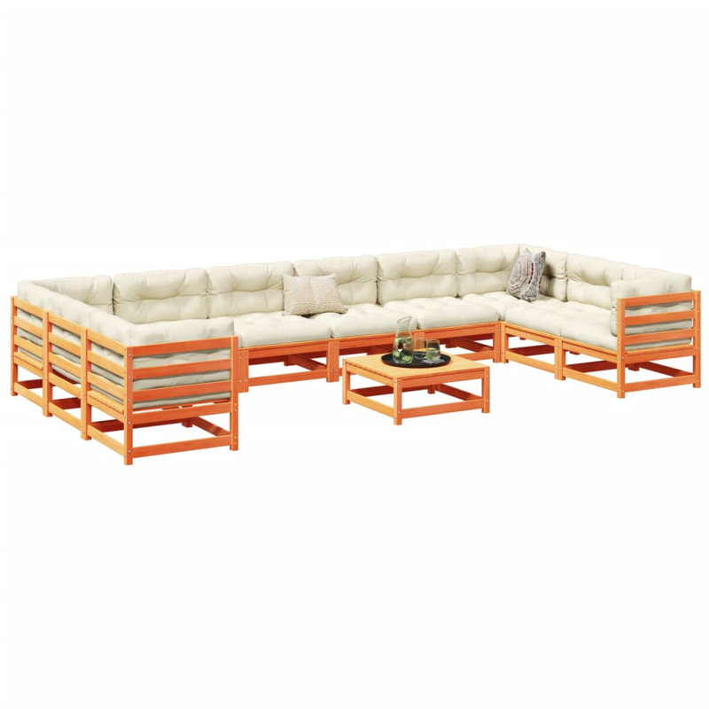  Ensemble de canapé de jardin modulaire en bois de pin massif brun, Coussin beige / structure brune