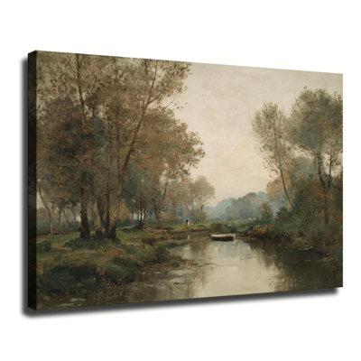 Tranquil Riverside Forest Scene With Boat, peinture à l'huile sur toile tendue avec grande galerie pour le salon, la chambre à coucher