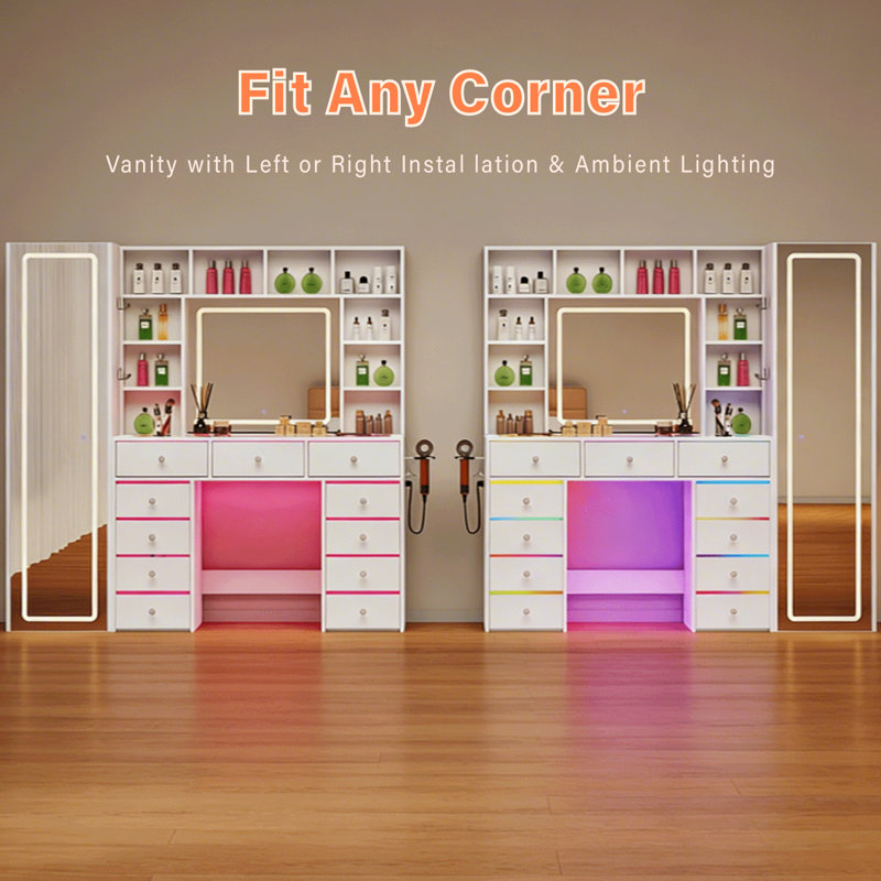 Full Length Mirror Vanity Desk and Lights 3 Colors, Transparent Top with 11 RGB Drawers, 10 Shelves, Full-length mirror with storage shelf, Make Up Vanity with Charging Station Woman, White