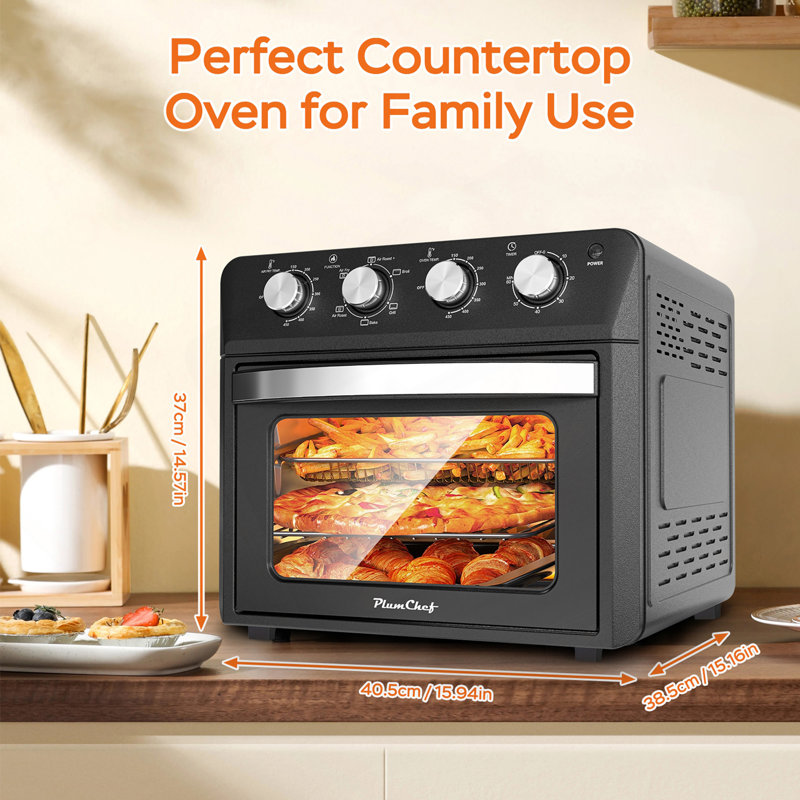 Four à friteuse Plum Chef Air 27,5 pte, four à convection de comptoir 6 en 1, friture, cuisson au four, gril, rôtie, chaud, déshydraté, commande à 4 boutons, 1 600 W, taille familiale pour une cuisson croustillante, noir