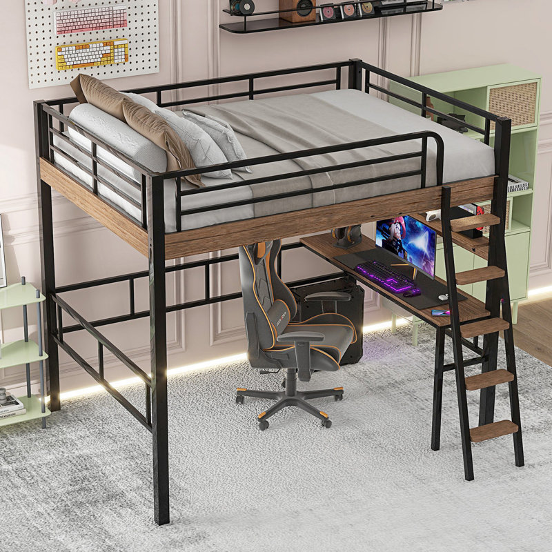 Lit mezzanine double en métal avec DEL, bureau intégré, tablette de rangement et échelle, Double