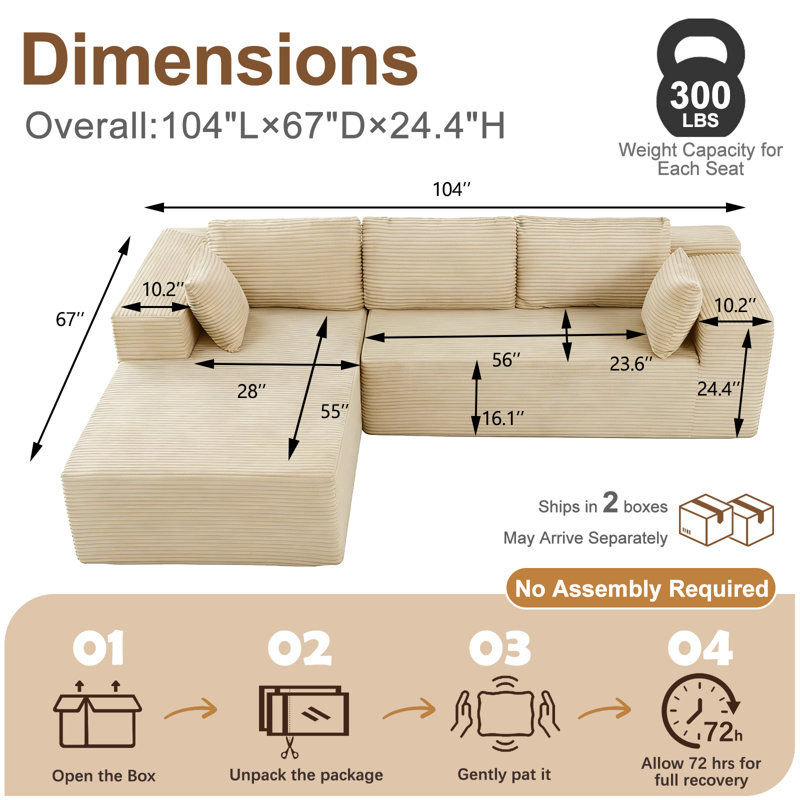 Castillon Cloud Sectional Couch In Two Boxes, Compressed Modular Sectional Sofa With Deep Seat, Beige Corduroy