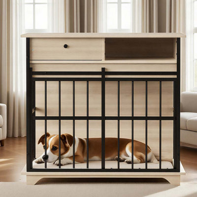 Large Dog Cage Furniture with Tray for Medium Large Dogs, Wooden Dog Kennel Furniture
