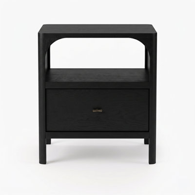 Table de chevet Kaela de style Mid-Century en bois massif fini noir avec tablette ouverte pour un rangement moderne du lit