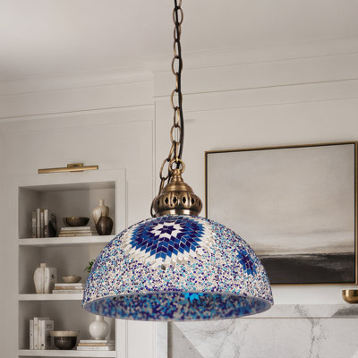 Blue Mosaic Glass Dome Pendant Light with Bronze Iron Frame, Adjustable Hanging Chain, E26 Base Warm Light Bulb Included
