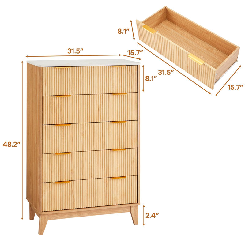 5-Drawer Fluted Dresser – Gold Handles, Curved Grooved Front, Tall Vertical Storage for Bedroom, Living Room, Hallway, Entryway (Natural Finish)