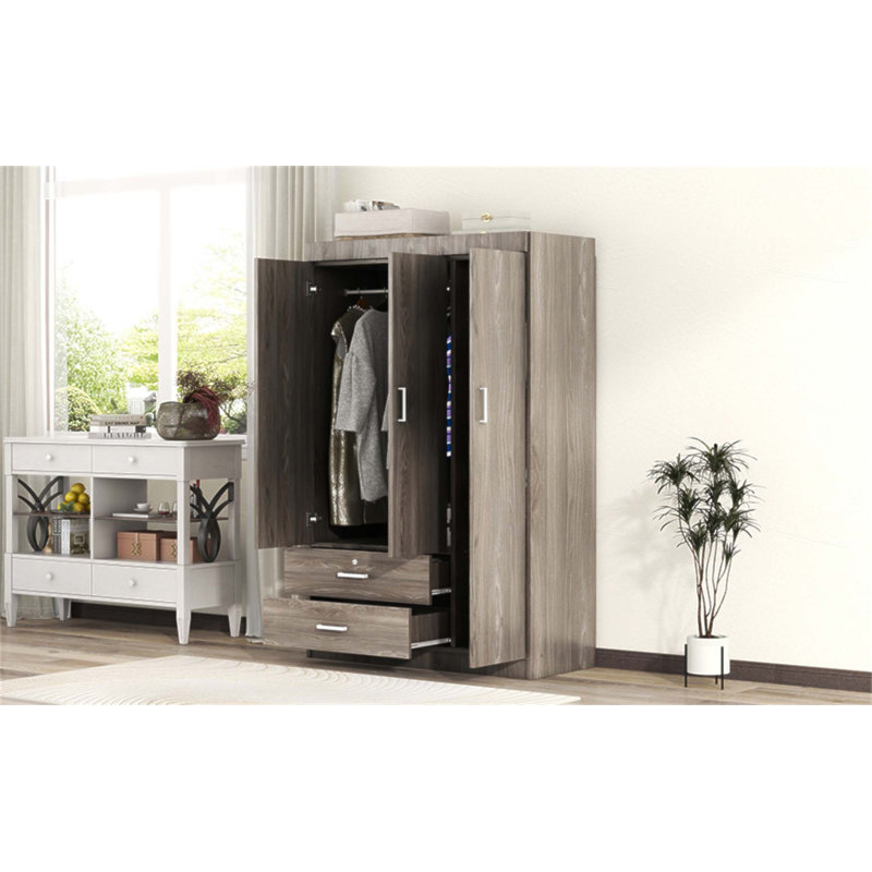 3-Door Wardrobe with 2 Drawers, Wood Grain Effect in Gray, Modern Design for Organized Storage