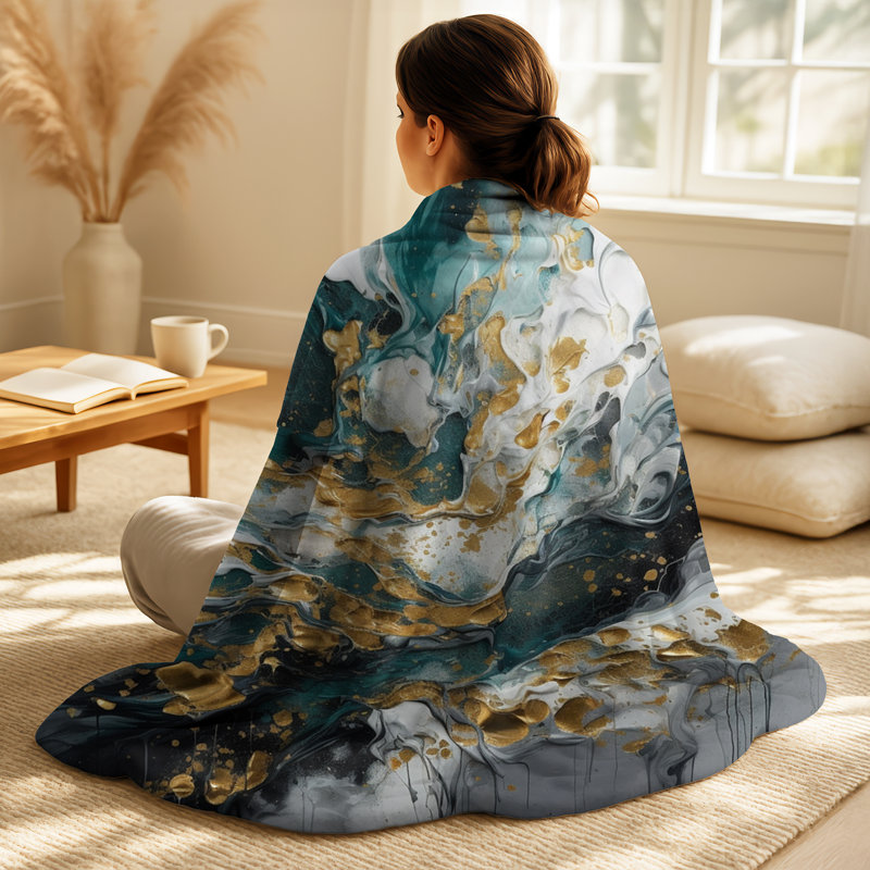 Gold Teal Ink On Stone - Abstract Decorative Throw Blanket