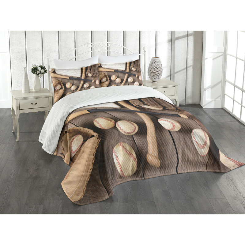 King Brown Quilted Baseball Bedspread Set with Shams