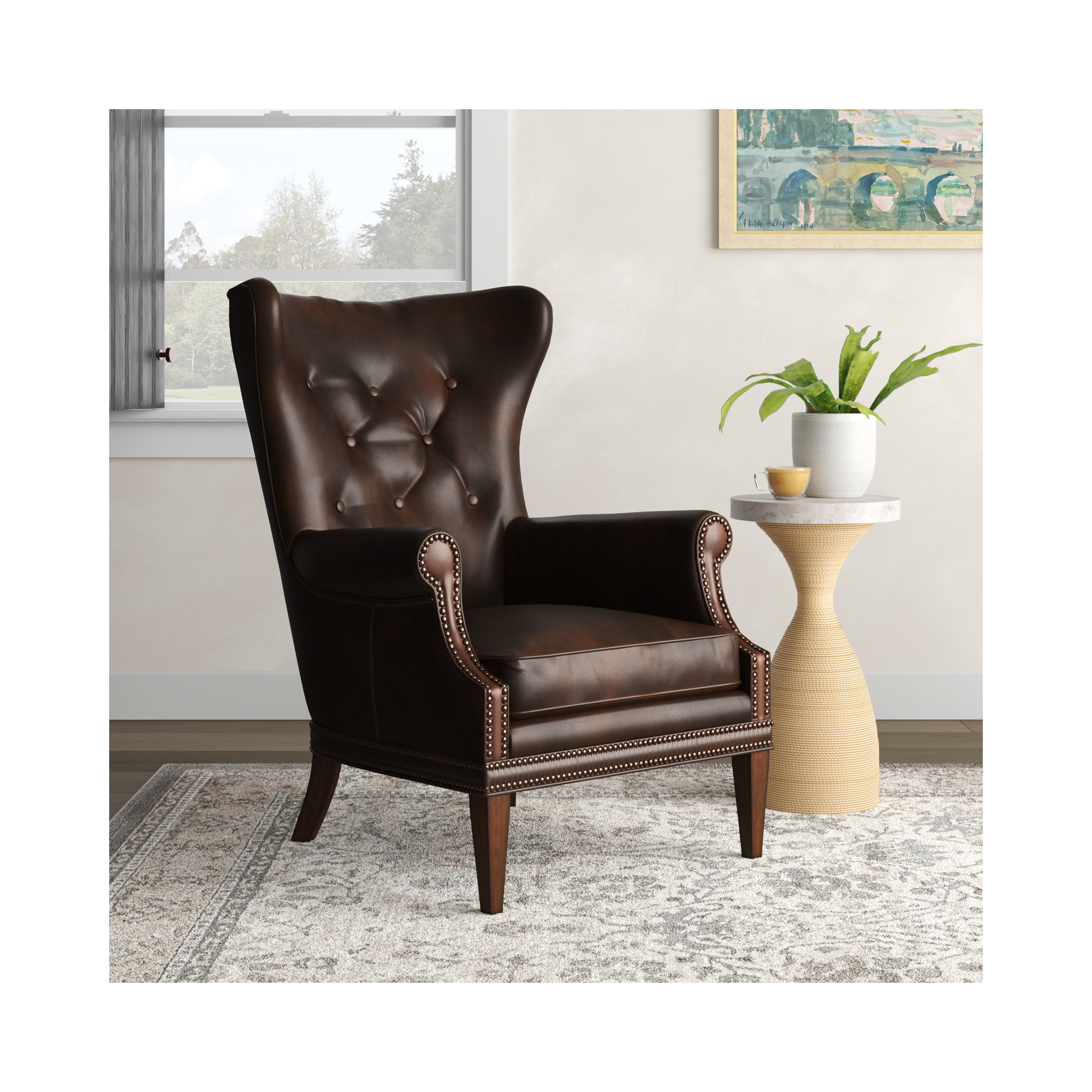Maya Upholstered Wingback Chair, Memento Event Dark Brown Genuine Leather