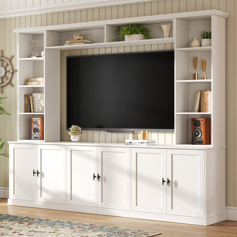 Meuble télé mural 4 pièces avec bibliothèque pour téléviseurs jusqu'à 70 pouces, meuble télé de style ferme moderne avec étagère réglable, console multimédia de style milieu du siècle avec pont pour salon