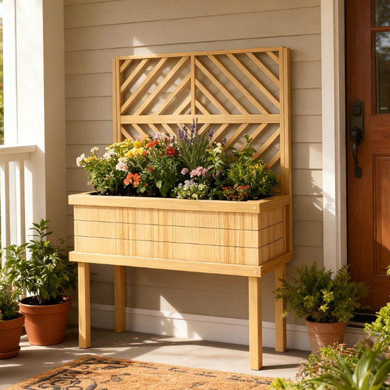 Elegant Stylized Trellis Planter with Self-Draining Design and Durable Carbonized Fir Wood for Outdoor Use, Natural Wood