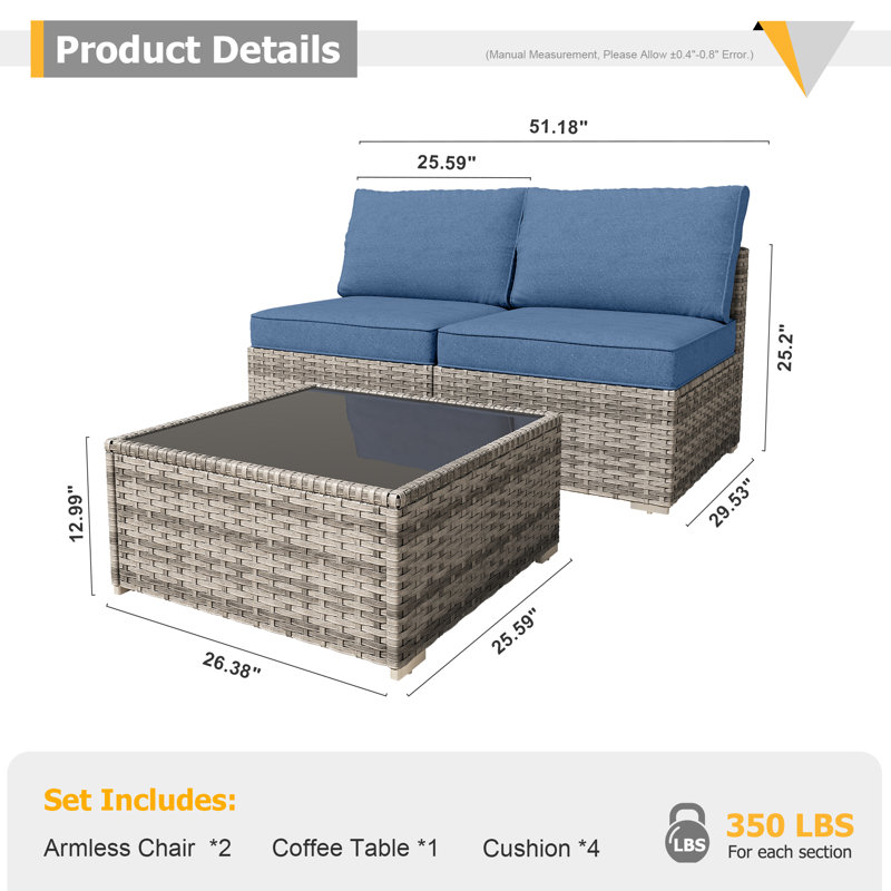 2-Person Outdoor Sectional With Cushions,All-Weather Wicker Patio Loveseat, Denim Blue