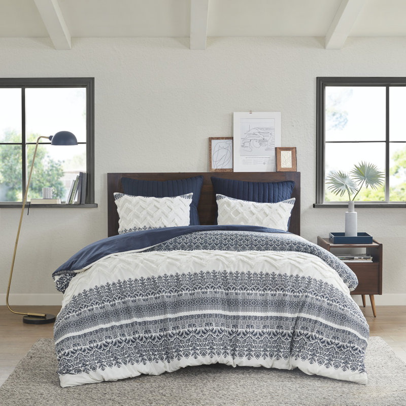 Full/Queen Navy Cotton Duvet Cover Set with Chenille Tufting