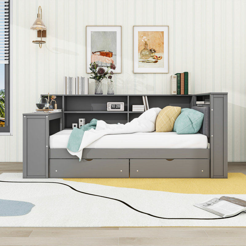 Lit de jour en bois avec tablettes, tiroirs, station de charge, DEL et bureau, Gris, Simple