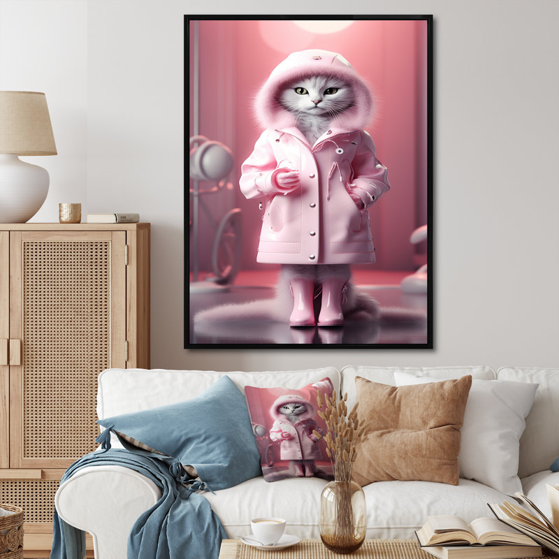 Chat blanc Fashionista en manteau rose I, H 32 po x l 16 po x P 1 po, Cadre flottant noir