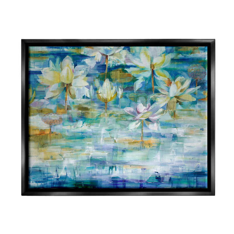 «Lotus Water Lilies Modern Pond» par Liz Jardine - peinture sur toile, Cadre flottant noir de jais