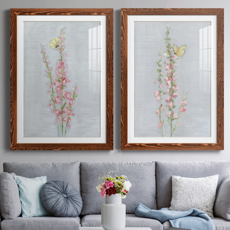 Foxglove Garden I - ensemble de 2 reproductions, H 37,5 po x l 55 po x P 1,5 po, Papier avec cadre érable, Blanc