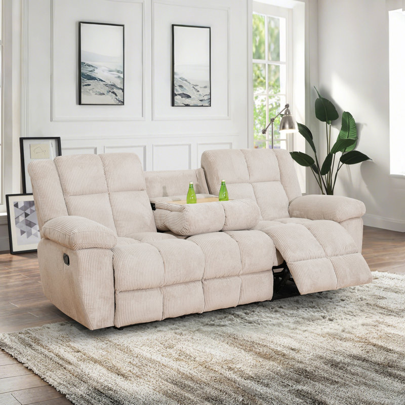 Canapé inclinable intelligent à 3 places, causeuse en velours côtelé rayé blanc cassé avec table rabattable et porte-gobelets, canapé inclinable de soutien dorsal pour le salon, le cinéma maison, structure en bois massif