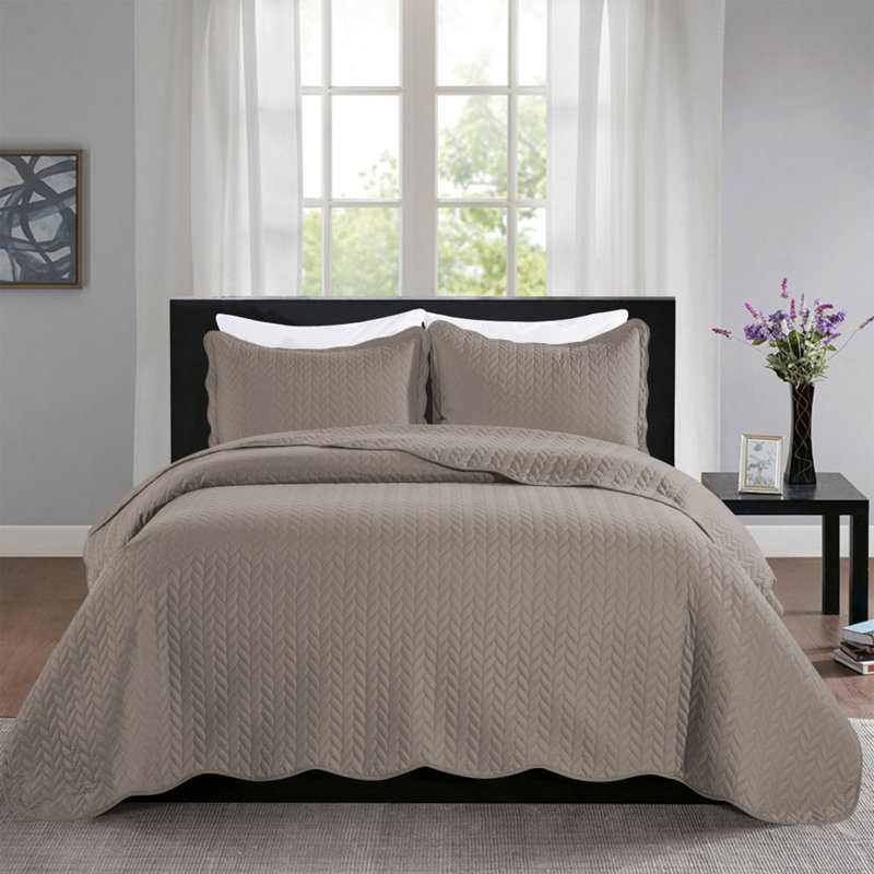 Microfiber Embossed Bedspread Set, Beige, California King Bedspread + 2 King Shams