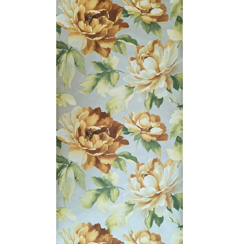 Papier peint floral, jaune, vert, brun, argent, grandes pivoines, fleurs botaniques
